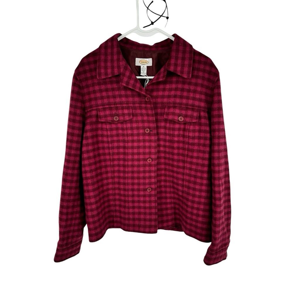 Talbots Cranberry Red Checked Wood Blend Shirt Jacket Shacket Size 16 Holiday